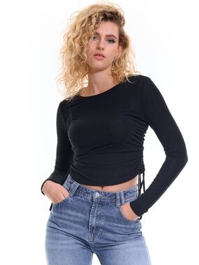ASOS Pieces Black Long Sleeve Ruched Tie Side Jersey Top Size Medium